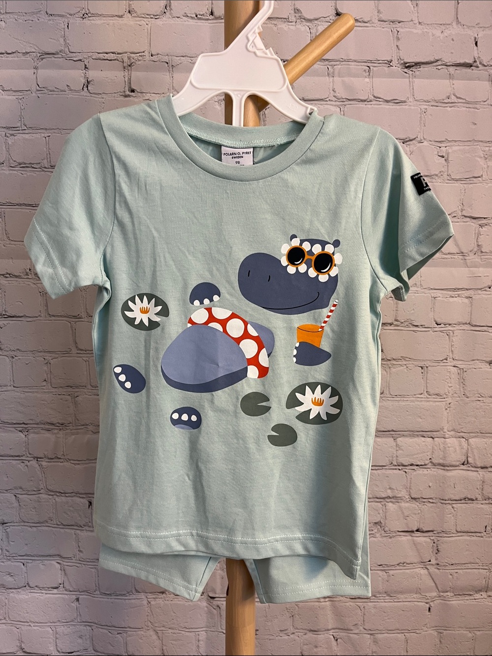 NEW Polarn O. Pyret Mint Green Hippo Graphic Short Sleeve Tee & Short Outfit